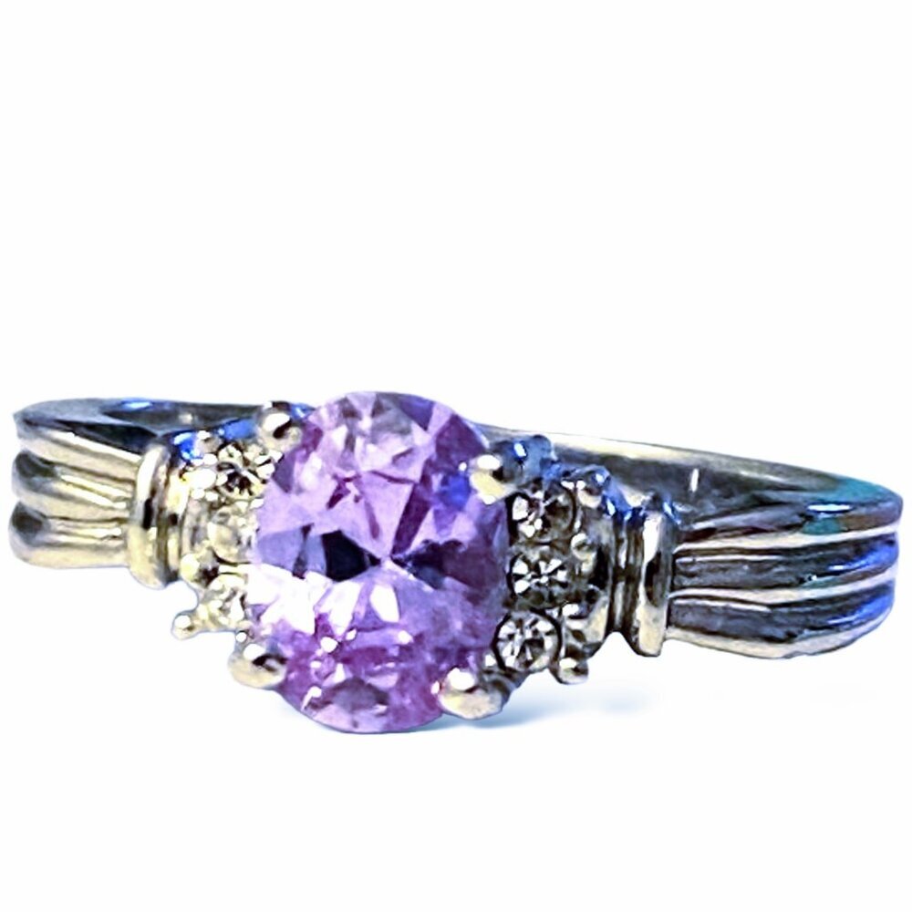 925 Sterling Silver Vintage Amethyst & CZ Ladies Ribbed Band Ring Size 9.5
